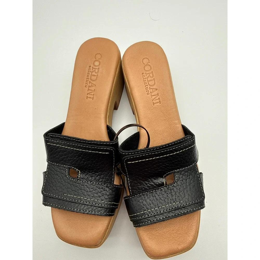 Cordani Black Pebbled Leather Wood Platform Block Heel Slide Sandals Size 38